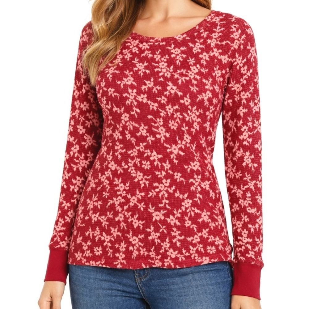Knox Rose NWT Womens Burgundy Floral Thermal Waffle‎ Knit Top Long Sleeve Size M